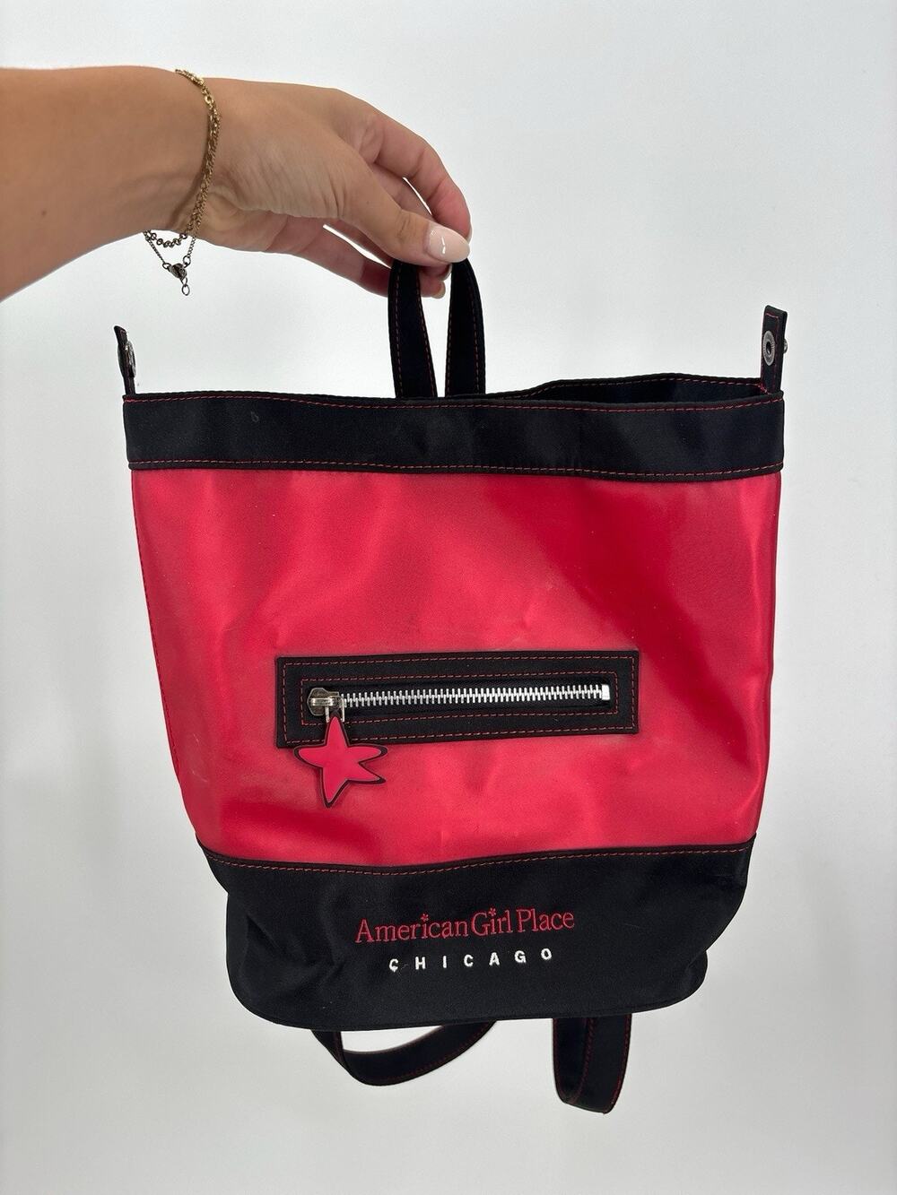American Girl Place Chicago Red Black Backpack Zippered Front Pocket